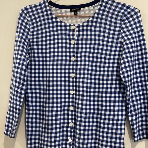 TALBOTS Gingham Cardigan Tank Blue Sweater - Picture 7 of 12